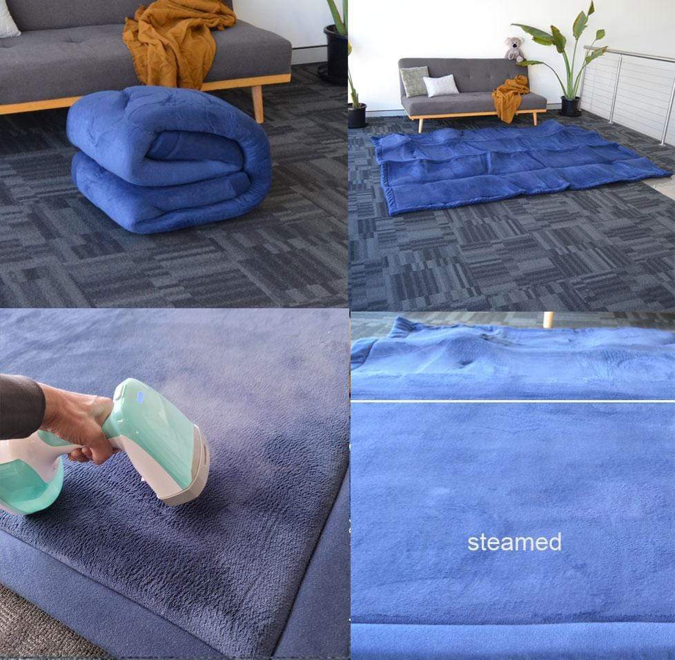 Four steps of steaming and flattening a blue mat on a grey carpet.